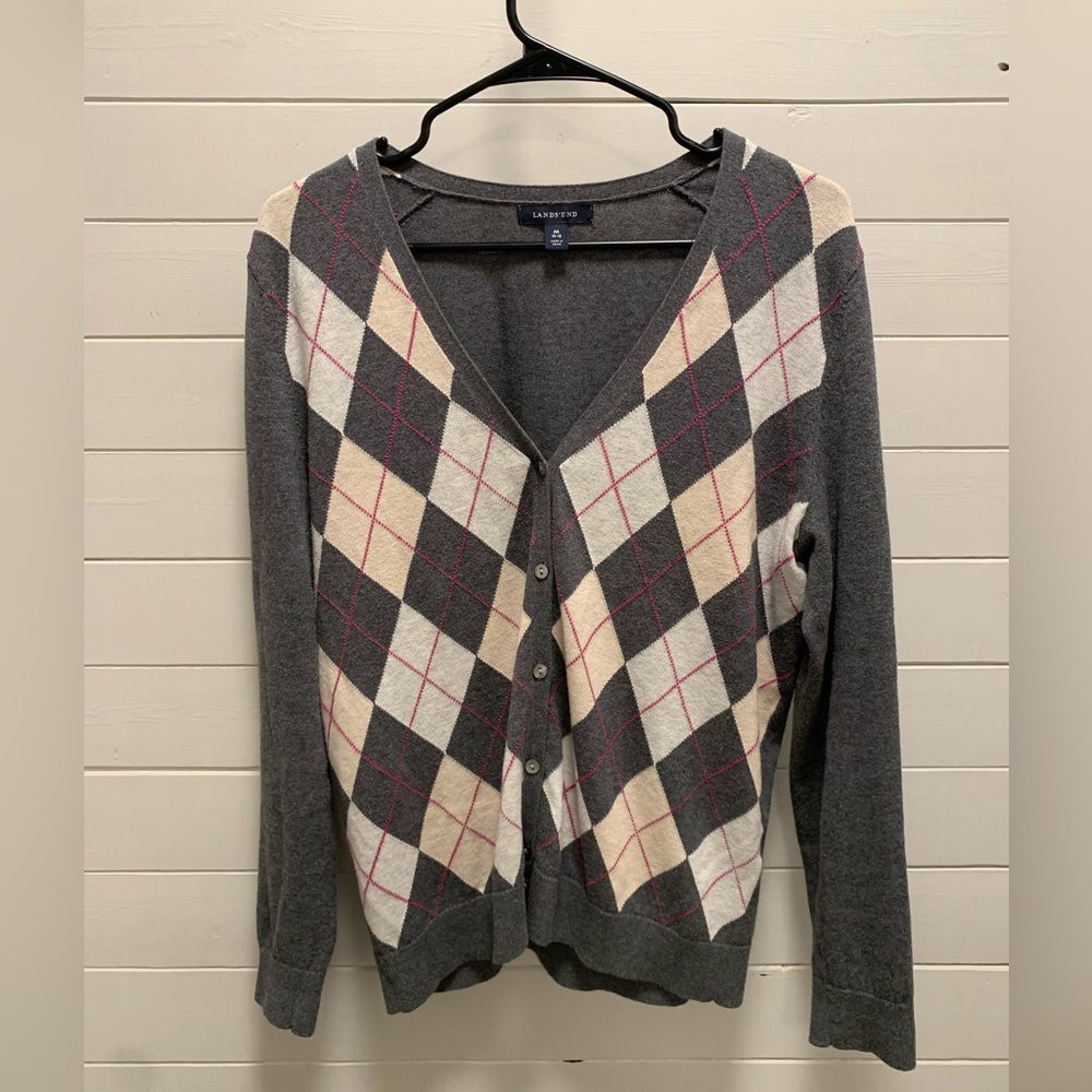 Land’s End Argyle Checkered Womens Medium 10-12 Cardigan Long Sleeve Button Up